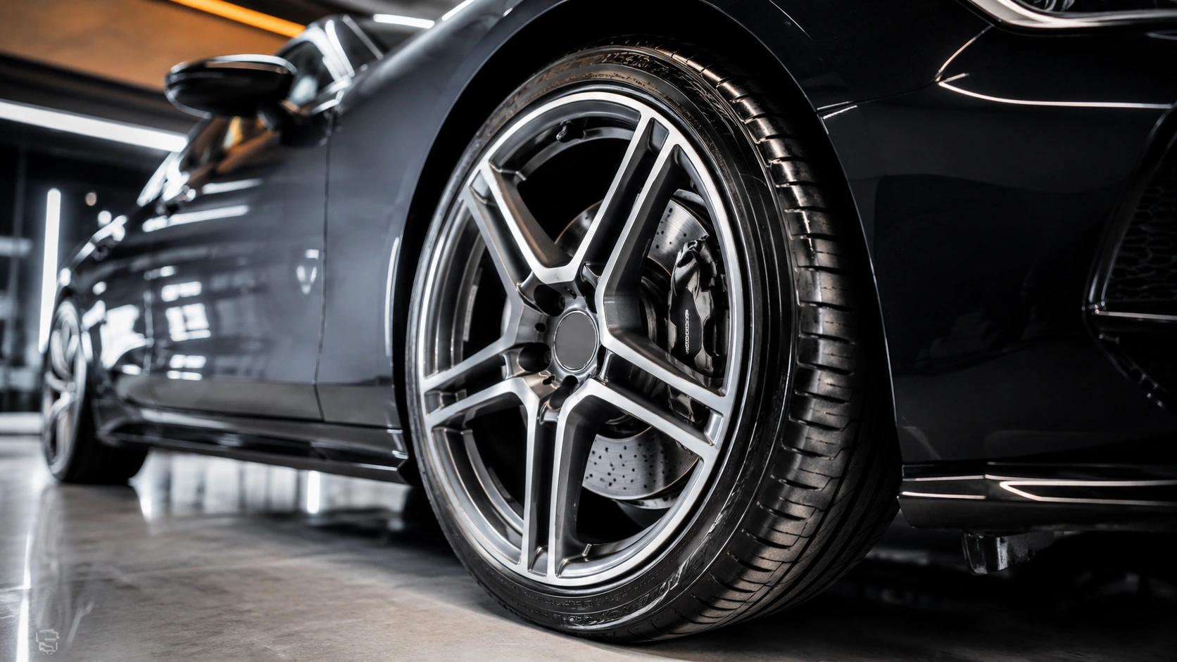 close-up of glossy black tire with freshly detailed alloy wheel after professional detailing