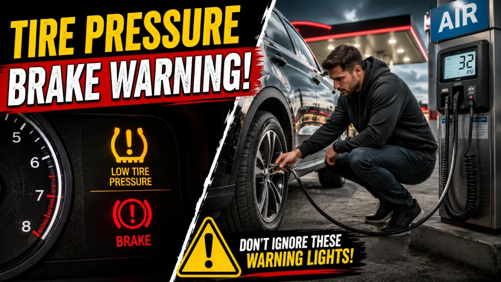 Car dashboard showing tire pressure warning light