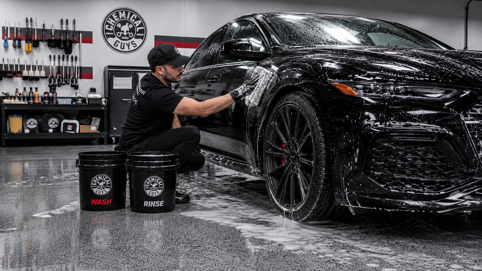 person washing car using microfiber mitt with foam two bucket method