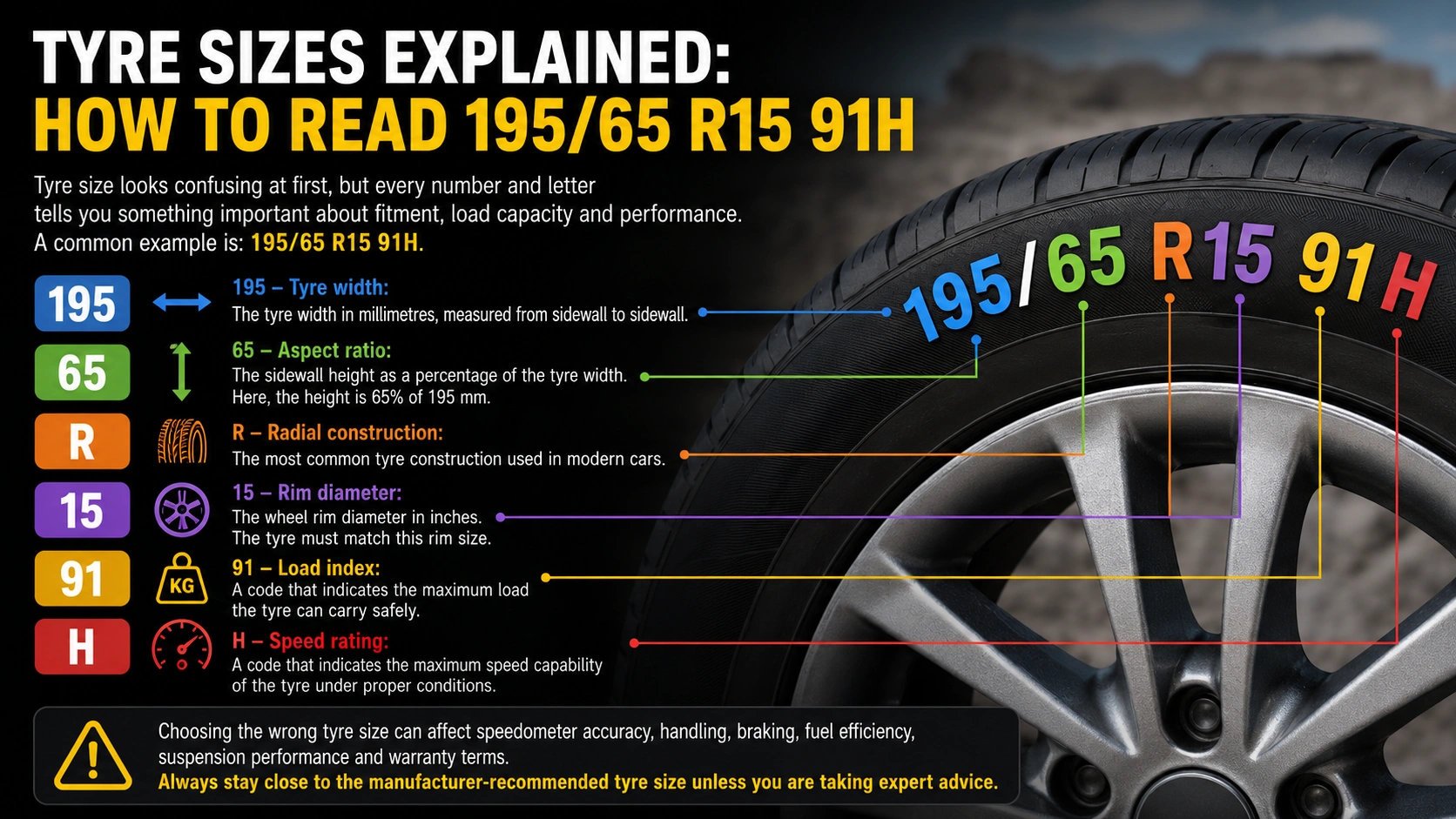 tyre size sidewall close-up 195/65 R15 91H marking