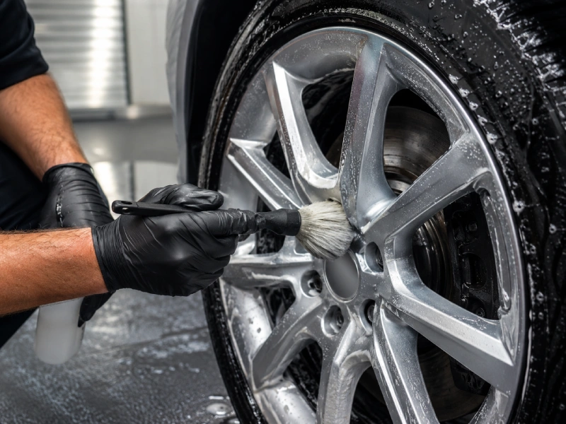 professional detailer cleaning aluminum wheels with soft brush